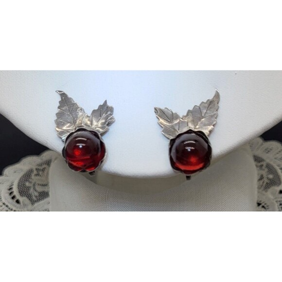 Sterling Silver and Amber Colored Glass Cabochon Screw Back Earrings - Picture 3 of 8